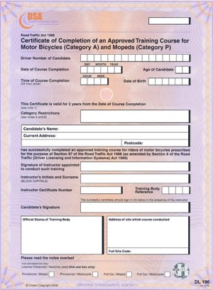 Motorcycle compulsory basic training (CBT) completion certificate