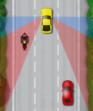 Motorcycles avoid blind spots on a car