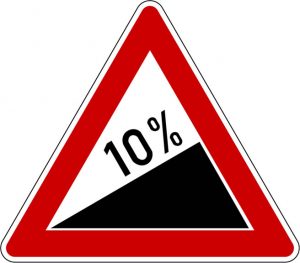 Uphill 10% gradient road sign