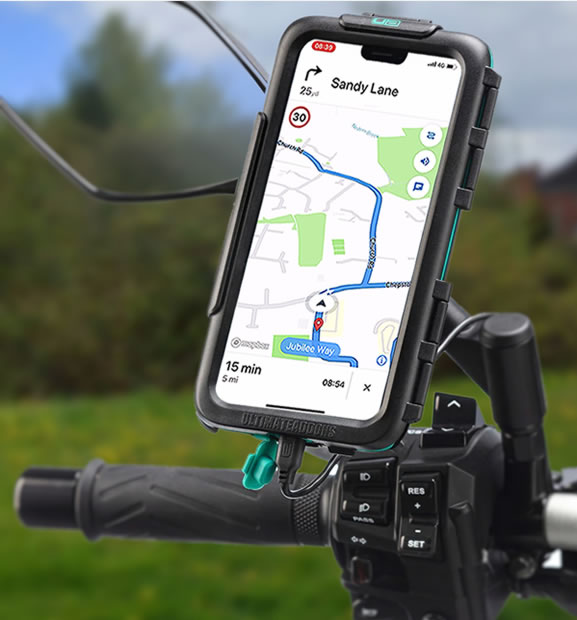 Phone with motorcycle test routes app attached to motorcycle